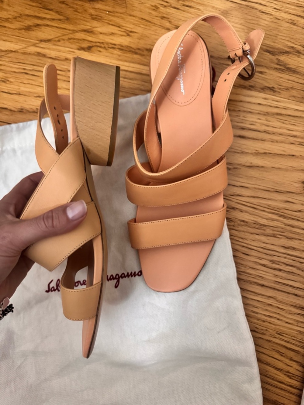 Salvatore Ferragamo Peach Strappy beautiful wood Heel Sandals